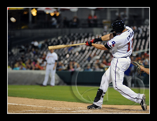 Justin Smoak Frisco first baseman Justin Smoak #12 hits a shot off the top of the outfield wall