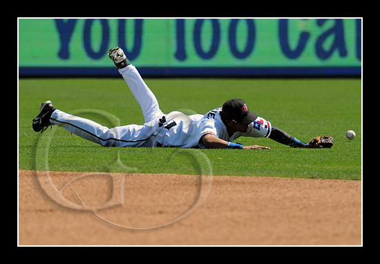 Frisco second baseman Guilder Rodriguez makes a diving attempt at a shot in the gap