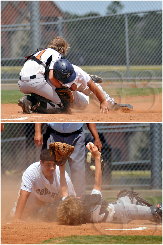 7 The Crash - On the top photo the runner puts his right shoulder into the catcher hoping to roll over him like a train. However in the second photo the catcher shows he was able to hold on to the ball even after that train crash.